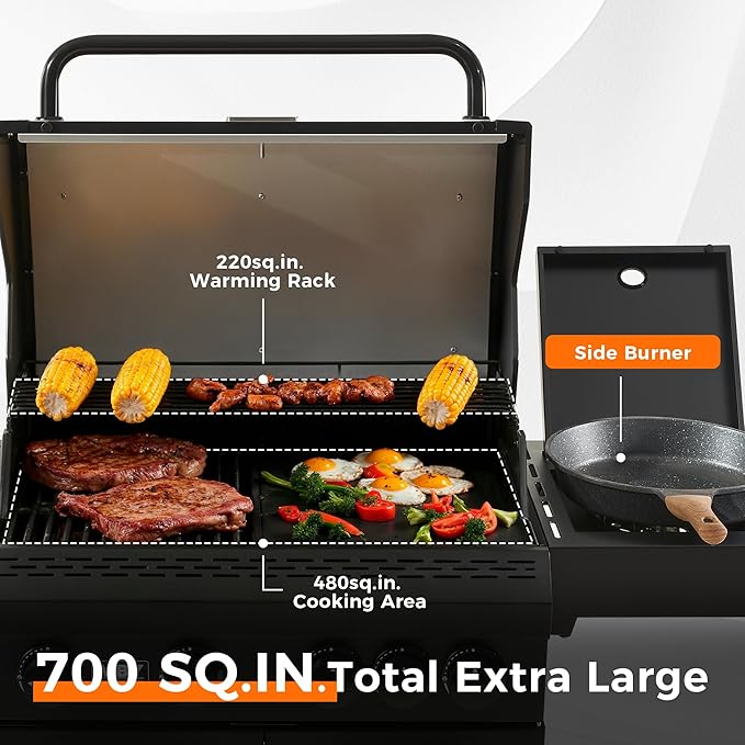 4-Burner Propane Gas Grill, 50,000 BTU Heavy Duty Outdoor BBQ Grill with Side Burner, Cast Iron Cooking Grates & Griddle for Backyard Barbecue