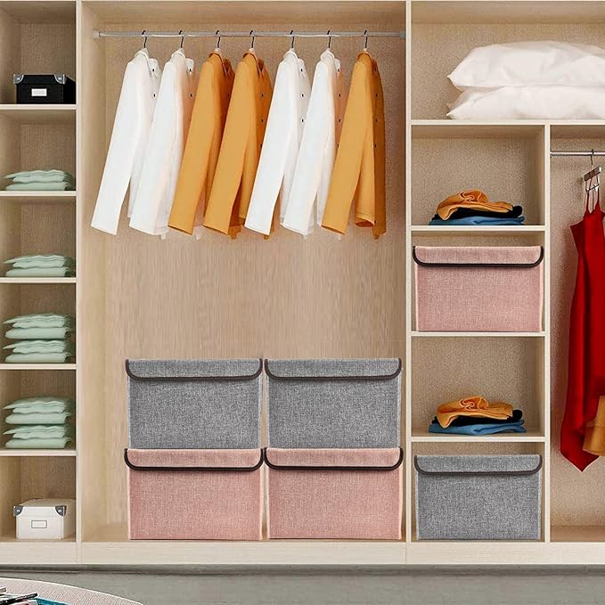 Linen Fabric Foldable Storage Cube Bin Organizer Basket with Flip-Top Lid & Handles, Large Clothes Blanket Box for Home, Office, Closet, Gray & Pink, 4 Pack 14.6 x 9.5 x 9.5”