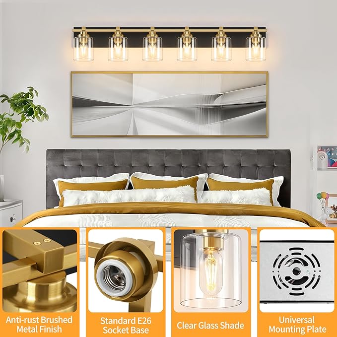 6 Light Modern Bathroom Light Fixtures Over Mirror, Black Gold Vanity Lights for Bathroom Wall Sconces with Clear Glass Shades, E26 Socket (Bulbs Not Included)