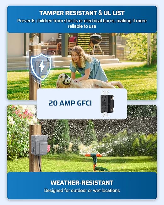DEWENWILS Outdoor Electrical Outlet Box, Dual 20 AMP WRTR GFCI Receptacles with Rainproof 3R Enclosure, Waterproof GFCI Outlet Box with Cover for Garden, Outdoor Lights, ETL Listed