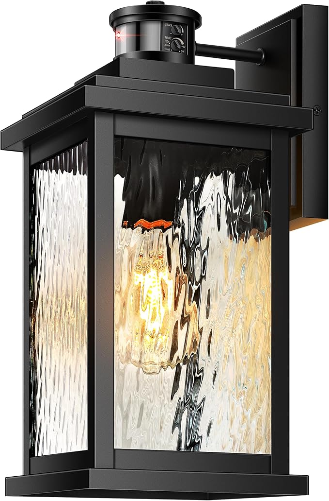 VIANIS Large Advanced Motion Sensor Outdoor Lights, Black Easy-to-Install Dusk to Dawn Outdoor Wall Lights, Aluminum Waterproof Porch Light with Water Glass for Porch, Garden, Front Door