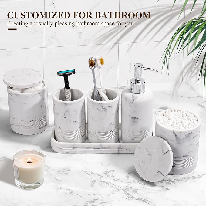 Bathroom Accessories Set, 6-Piece Bathroom Accessory Set, Toothbrush Holders Set, Soap Dispenser, Vanity Tray, Tumbler, Cotton Swab Jars, Bathroom Organizer for Modern Bathrooms (Marble White)