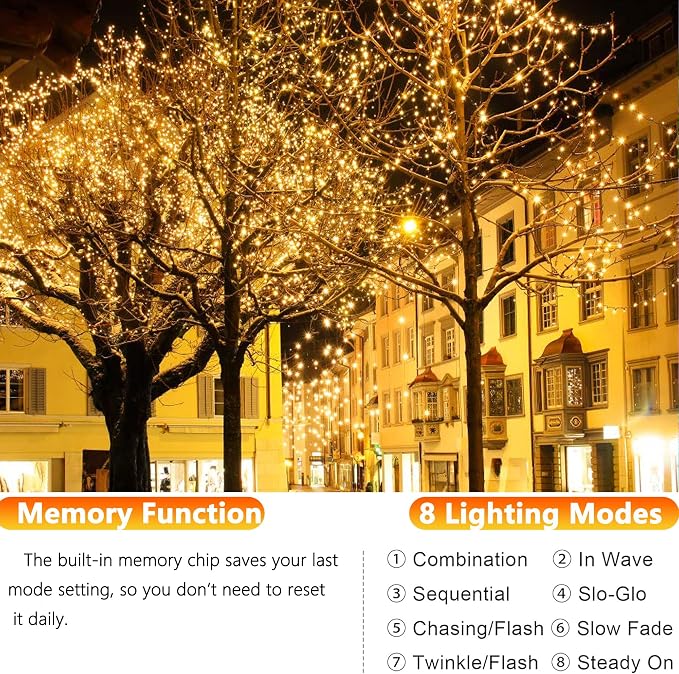 Joomer Solar Fairy Lights, 4-Pack Total 104FT 320LED Solar String Lights Outdoor Waterproof 8 Lighting Modes for Patio Fence Party Garden Yard Home Holiday Tree Outdoor Decoration (Warm White)