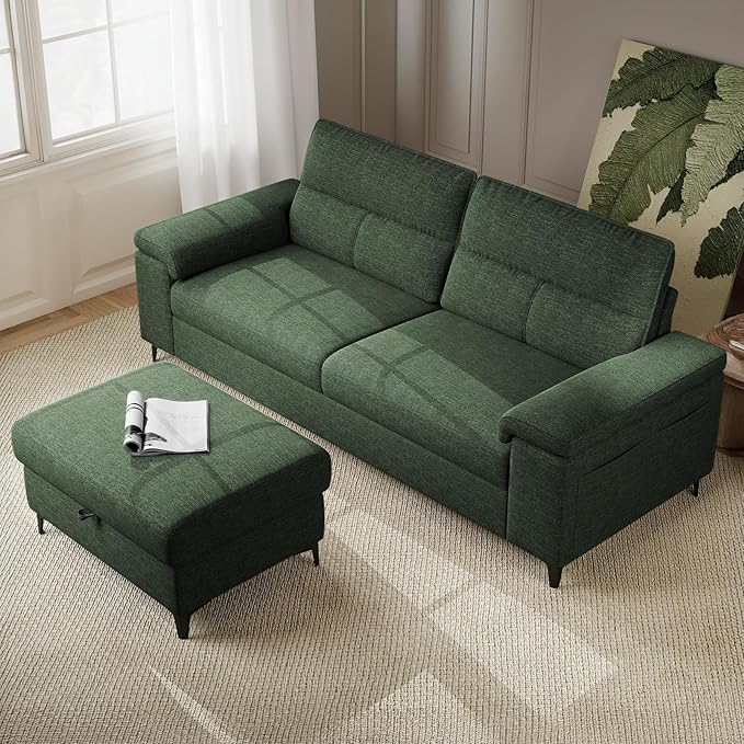 88.97" L Shaped Sectional Couches for Living Room, Deep Seat Sofa with Big Storage Ottoman & 8”Cushion, Comfy 2-Seater Chenille Loveseat, Convertible Armrest, Removable Cover for Small Space(Green)
