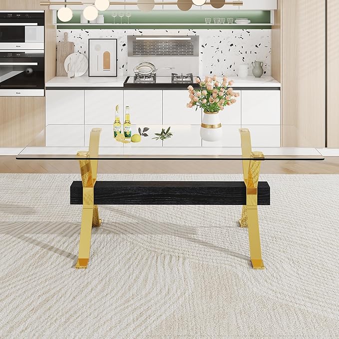 79" Glass Dining Table, Modern Kitchen Table, Modern Dining Table for 8, 0.5" Thick Tempered Glass Tabletop with Gold Chrome Metal Legs and Black Crossbar, Ideal for Dining Room, Kitchen