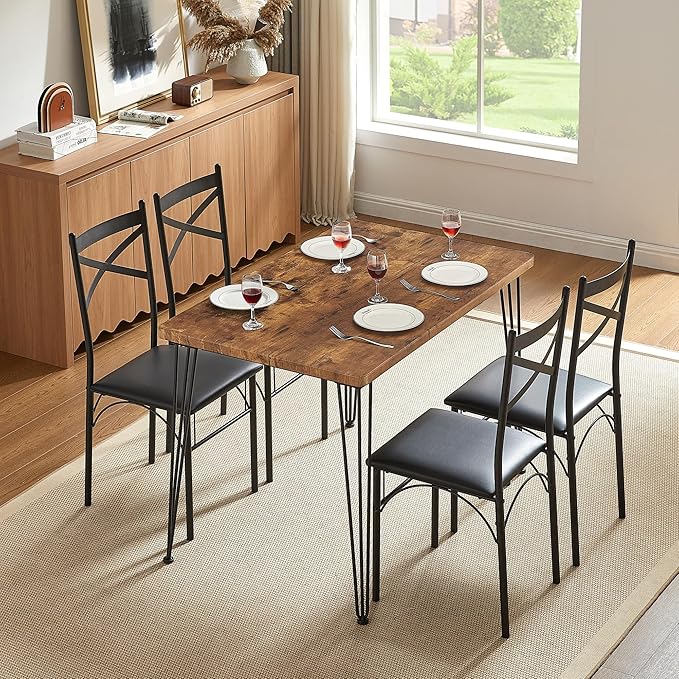 VECELO Dining Table Set for 4, Kitchen Table Set with 4 Chairs for Small Space, Space-Saving and Modern Design, Apartment, Easy to Assemble,Brown