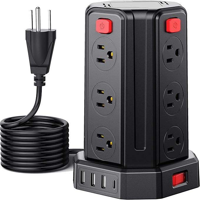 Power Strip Surge Protector, 10 Ft Extension Cord with 12 AC Multiple Outlets 4 USB (1 USB C), SMALLRT Power Tower Desktop Charging Station (Black, 16.4 FT)