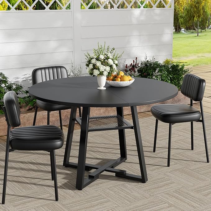 Round Dining Table for 2-4 People,42 Inch Dining Room Table,Modern Circle Kitchen Table with Storage Shelf and Metal Legs for Dining Room,Kitchen,Black (Table Only)