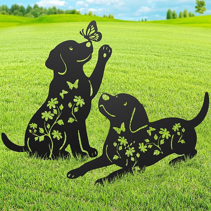 Metal Dog Garden Decor for Outside, 17 Inch Labrador Dog Gifts for Women Men, Rust-Proof Garden Stakes Black Silhouette Yard Art Statues, Yard Decorative for Patio Lawn Ornaments, Set of 2