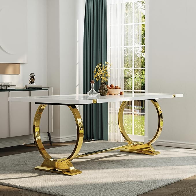 ACEDÉCOR 80in White and Gold Dining Table for 6-8, Modern Luxury Kitchen Room Table with Rectangular Lacquer Top and Gold Stainless Steel Circle Base