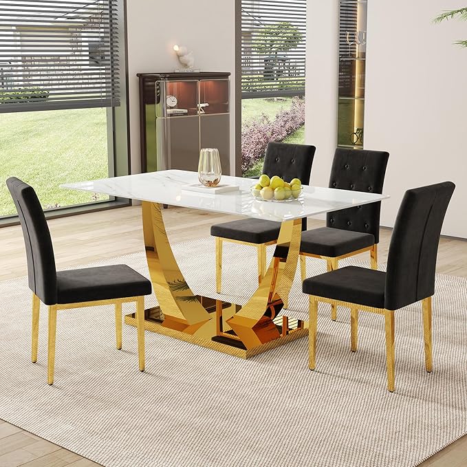 AZmac 63" Modern Dining Table Set for 4, White Dining Room Set for 4, Tempered Glass Kitchen Table and Velvet Chairs, Marble Pattern Top with Sturdy Gold Chrome Base