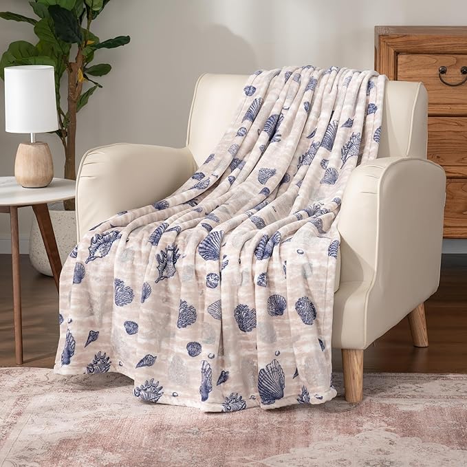 Berkshire Blanket-Classic Heavyweight Soft Printed VelvetLoft® Plush Throw Blanket, Cozy and Fuzzy, Classic Shells Navy, 50in x 70in