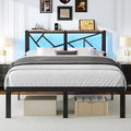 Queen Size Black Metal Bed Frame with USB Charging Station, LED Ambient Lighting, and Wooden Storage Headboard - Includes Under-Bed Storage, No Box Spring Needed, Noise Free, Easy Assembly