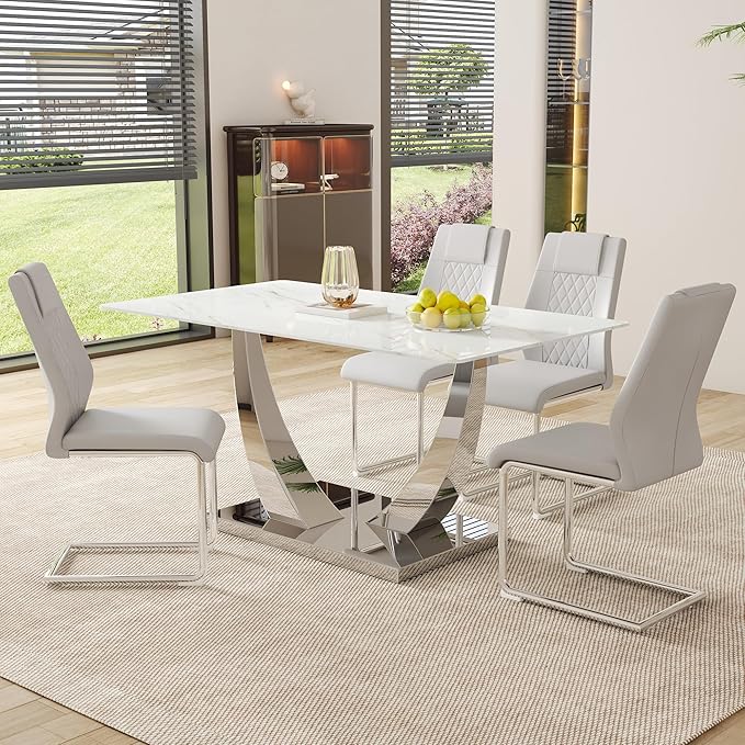 63" Modern Dining Table Set for 4, White Dining Room Set for 4, Tempered Glass Kitchen Table and PU Leather Chairs, Marble Pattern Top with Sturdy Silver Chrome Base