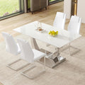 AZmac 63" Modern Dining Table Set for 4, White Dining Room Set for 4, Tempered Glass Kitchen Table and PU Leather Chairs, Marble Pattern Top with Sturdy Silver Chrome Base