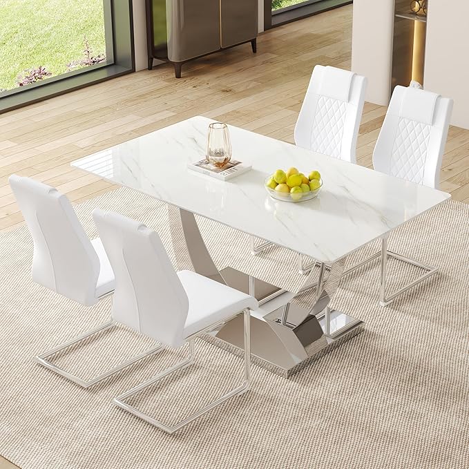 AZmac 63" Modern Dining Table Set for 4, White Dining Room Set for 4, Tempered Glass Kitchen Table and PU Leather Chairs, Marble Pattern Top with Sturdy Silver Chrome Base
