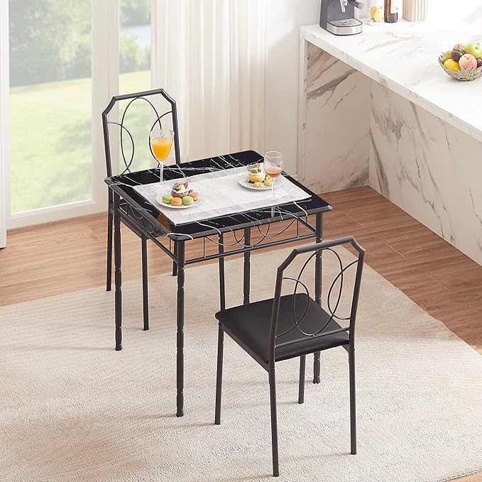 VECELO 3 Piece Dining Table Set for 2, Dinette with Chairs for Kitchen, Breakfast Nook, Small Space,Easy Assembly