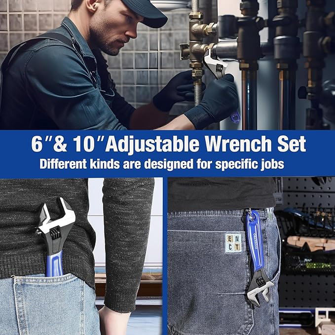 WORKPRO 2-Piece Adjustable Wrench Set, 6-Inch & 10-Inch Wide Jaw Black Oxide Wrench, Cr-V Steel, Metric & SAE Scales, Max Jaw Opening 15/16" & 1-5/16", for Home Repairs, Plumbing, Garage Work