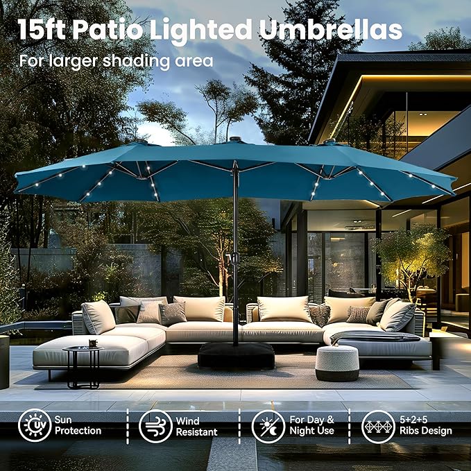 PHI VILLA 15ft Large Patio Umbrella with Solar Lights, Double-Sided Outdoor Market Rectangle Umbrellas with 36 LED Lights, Umbrella Base (Stand) Included, Cyan