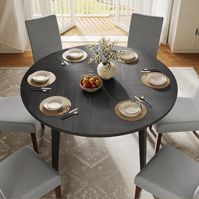 VASAGLE MAEZO Collection - Round Dining Table for 4-6 People, 47.2 Inches Circle Kitchen Table with Tapered Legs, Curved Transitions, for Dining Room, Kitchen, Charcoal Gray UKDT091BA01S