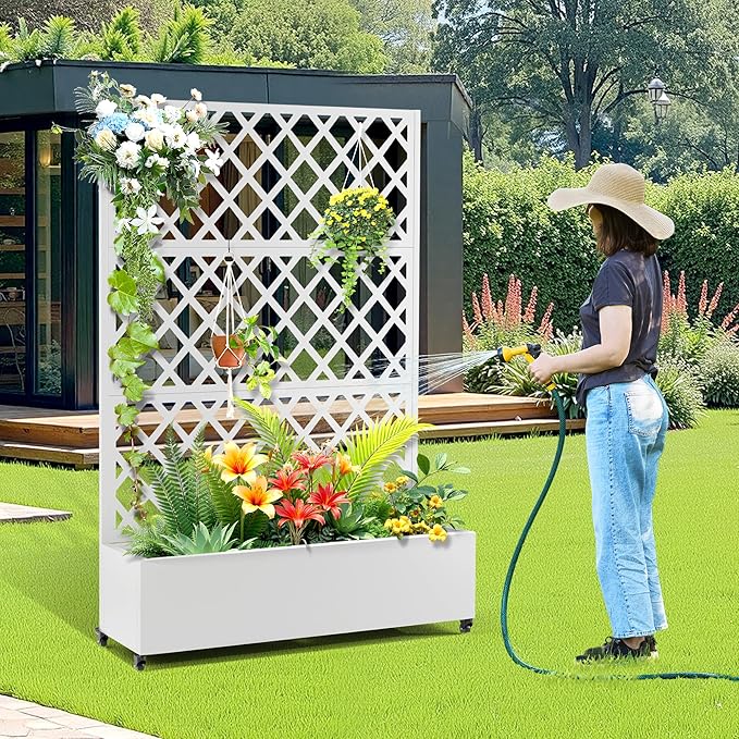 Metal Raised Garden Bed with Trellis and Wheels, 2 in 1 Trellis with Planter Box & Privacy Screen for Climbing Plants, Outdoor Standing Flower Beds with Drainage Holes, 47.2''L×15.7''W×70.9''H, White