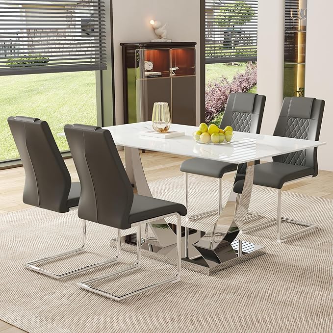 AZmac 63" Modern Dining Table Set for 4, White Dining Room Set for 4, Tempered Glass Kitchen Table and PU Leather Chairs, Marble Pattern Top with Sturdy Silver Chrome Base