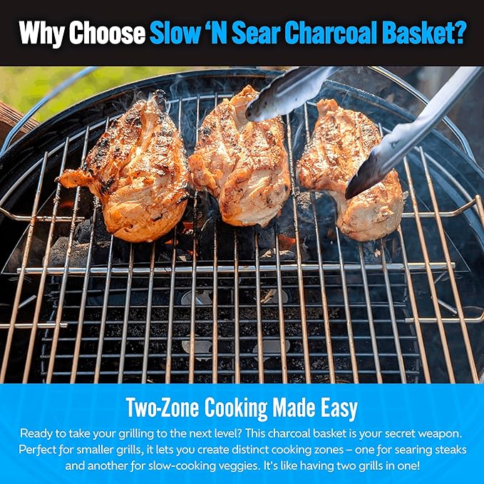 SnS Grills Slow ‘N Sear Charcoal Inserts for Low ‘N Slow & High-Heat Cooking - Patented Stainless Steel Accessories for Kettle Grills - Charcoal Basket 18"