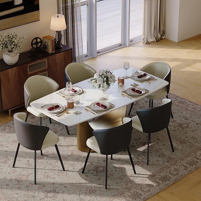 POVISON 71" Hobart Modern Dining Table for 6-8, Matte White Dining Table Sintered Stone Dining Tabletop with Bronze Carbon Steel Pedestal for Dining Room (Table Only)