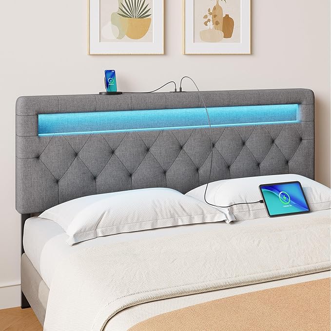 GREENSTELL Headboard for Queen Size Bed with 60,000 DIY Color of LED Light, USB & Type C Post, Upholstered, Height Adjustable, Sturdy, Easy Assembly, Wall Mounted Head Boards Only, Gray
