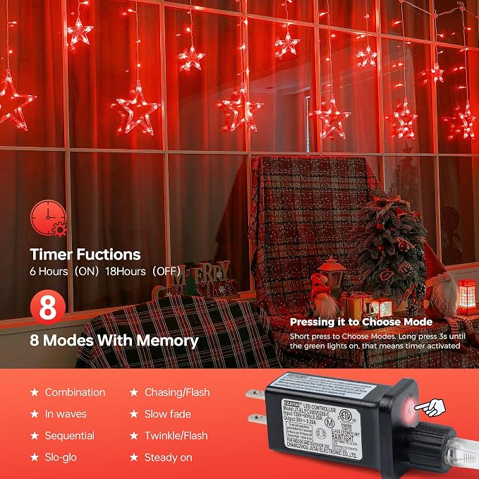 Red Christmas Star Icicle Lights,8.2FT 126LED Curtain String 8 Modes Memory Timer,Connectable Plug in Waterproof for Halloween/Valentine's Day/Patio/Wedding/Party/Xmas Indoor Outdoor Decor,Red