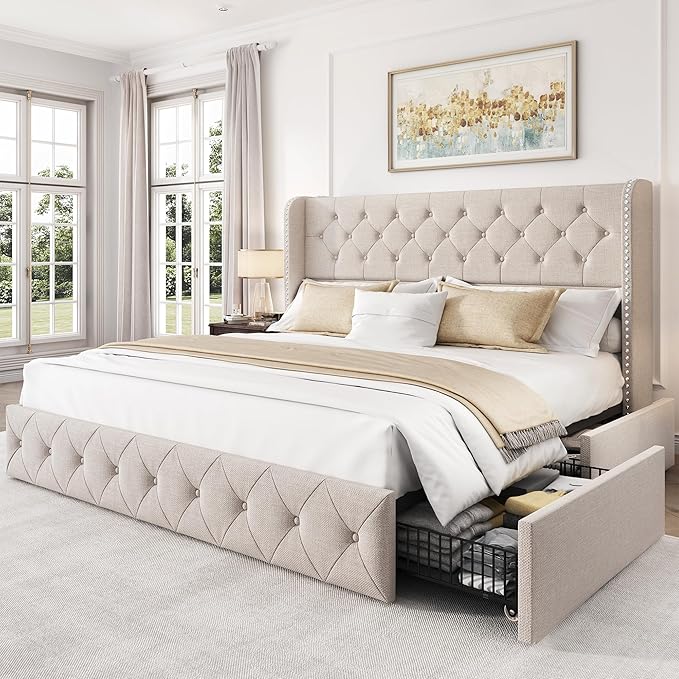 LARMACE King Size Bed Frame with 4 Storage Drawers and Tufted Headboard Linen Upholstered Platform Bed Frame Wingback Beds with Wooden Slats Support, Easy Assembly, Beige