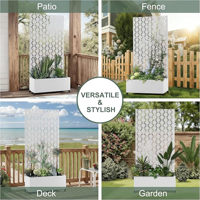 Raised Garden Beds Outdoor with Privacy Screen, Metal Standing Planter Box with Trellis & Wheels, Garden Boxes with Drainage Holes for Climbing Plants, Flowers, Vines (35"L×16"W×71"H, White Square)
