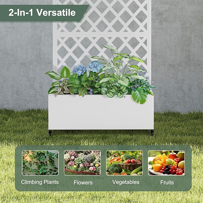Metal Large Garden Bed with Trellis & Wheels, Planter Box with Privacy Screen for Climbing Plants, Privacy Planters for Patio, 35" L Garden Boxes with Drainage Holes (White Diamond)