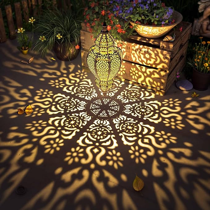 Moroccan Hanging Solar Lights Outdoor Lantern Bidirectional Availabili Garden Decor Waterproof Plastic Gold Decorations for Patio Pathway Yard Backyard Solar Powered Garden Decorative (1, gold)