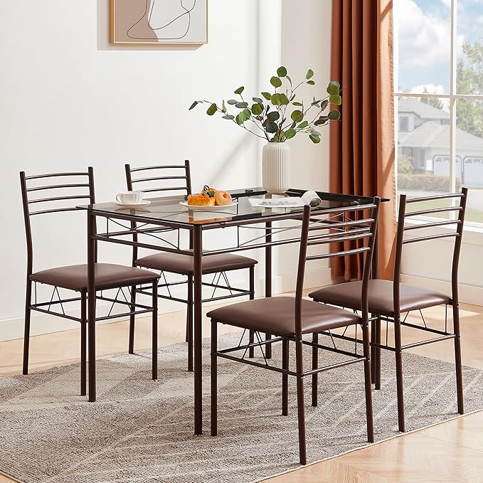 VECELO Kitchen Dining Room Table and Chairs [4 Placemats Included] 5-Piece Dinette Sets, Space Saving (Brown)