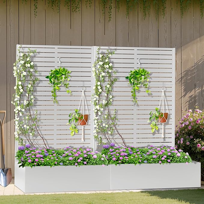 Metal Planter Box with Trellis, Heavy-Duty Raised Garden Bed for Climbing Plants, Drainage Hole, Outdoor Planter Box with Privacy Screen，47''L×16''W×71''H