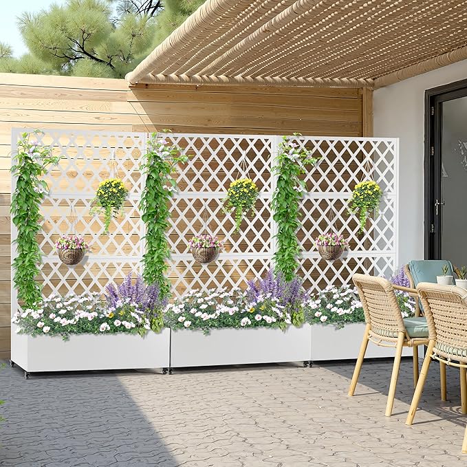 Metal Planter Box with Trellis, Heavy-Duty Raised Garden Bed for Climbing Plants, Drainage Hole, Outdoor Planter Box with Privacy Screen，47''L×16''W×71''H