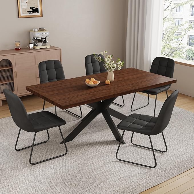 ZckyCine 7-Piece Dining Table Set with 51"-67" Extendable Walnut Wood Table and 6 PU Leather Chairs, Modern Rectangular Kitchen Table Set with Metal Legs, Seats 6, Easy Assembly