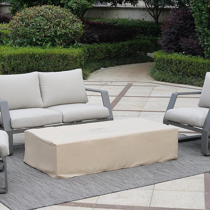 56" Outdoor Propane Fire Pit Table, Rectangle Terrazzo Fire Table w White Fire Glass(50,000 BTU), Patio Firepit Table Gas Fire Table w Rain Cover for Outside, Backyard