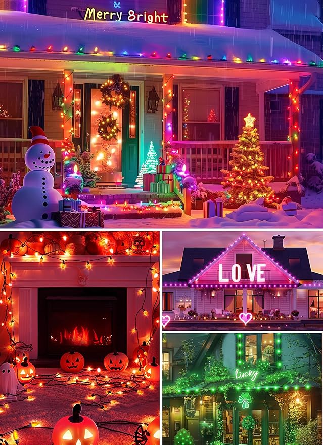 Brightown C9 LED Christmas Lights Outdoor, 200LED RGB Smart Christmas Tree Lights Music Sync DIY APP Controlled, Waterproof Connectable C9 String Lights for House Indoor Patio Xmas Decoration