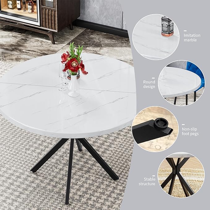Round Dining Table, 39 Inch Modern Round Kitchen Table White Dining Table with Black X Base, Leisure Table for 4-5 People Small Space Dining Room, Apartment, Kitchen