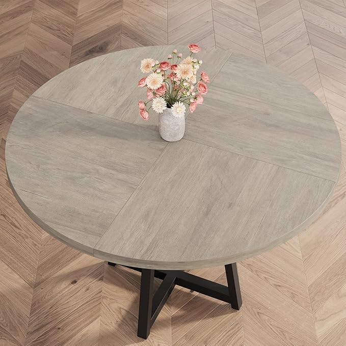 GAOMON Industrial Round Dining Table, 47 Inch Round Kitchen Table for 4, Dinner Table with Wooden Top and Metal Base for Dining Room, Living Room (Grey, 47.2 in w/Storage)