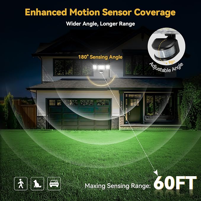 Solar Lights Outdoor, 3500LM 168 LED Motion Sensor Solar Flood Lights, 3 Heads 300° Wide Angle, 3 Modes IP65 Waterproof Solar Security Lights for Yard Garden Patio, 1 Pack (Black)