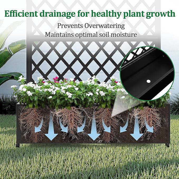 Metal Raised Garden Bed with Trellis and Wheels, 2 in 1 Trellis with Planter Box & Privacy Screen for Climbing Plants, Outdoor Standing Flower Beds with Drainage Holes, 47.2''L×15.7''W×70.9''H, Black
