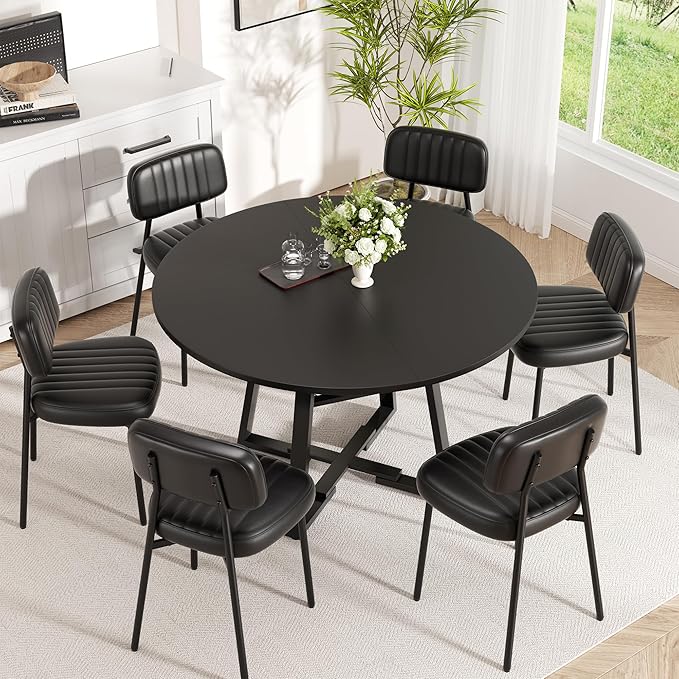 Round Dining Table for 4-6 People,47 Inch Dining Room Table,Modern Circle Kitchen Table with Storage Shelf and Metal Legs for Dining Room,Kitchen,Black (Table Only)