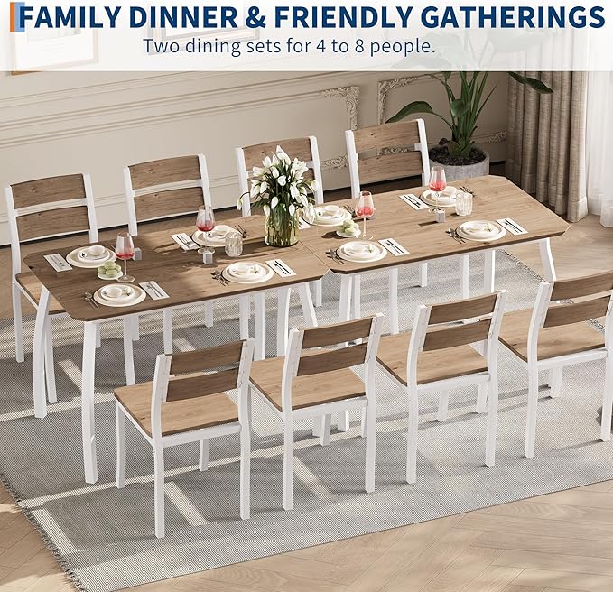 5 Piece Dining Table Set for 4, Space-Saving Kitchen Table with Wooden Seat Chairs, Modern Angled Corner Design, Compact Dinner Set for Small Spaces, Apartment, White & Wood Grain Color