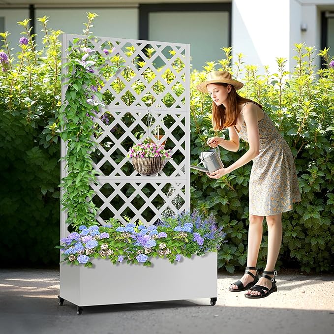 Metal Planter Box with Trellis, Heavy-Duty Raised Garden Bed for Climbing Plants, Drainage Hole, Outdoor Planter Box with Privacy Screen，35''L×16''W×71''H