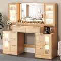 55" Vanity Desk with Mirror & Lights, Fluted Makeup Vanity with 8 Drawers & 4 Cabinets, Tempered Glass Top, RGB Cabinet Lighting, 3-Color Dimmable Mirror, and Charging Station (Natural Oak)
