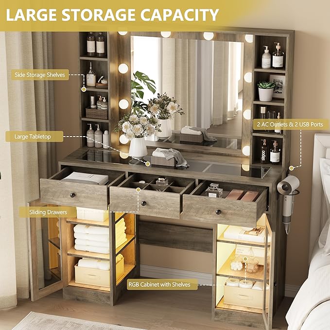 Makeup Vanity Desk with Mirror and Lights, Glass Top Vanity Table Set with Drawers & Power Outlet, Large Dressing Table with 3 Color Lighting Modes & RGB Cabinets for Women Girls Kids Bedroom, Grey