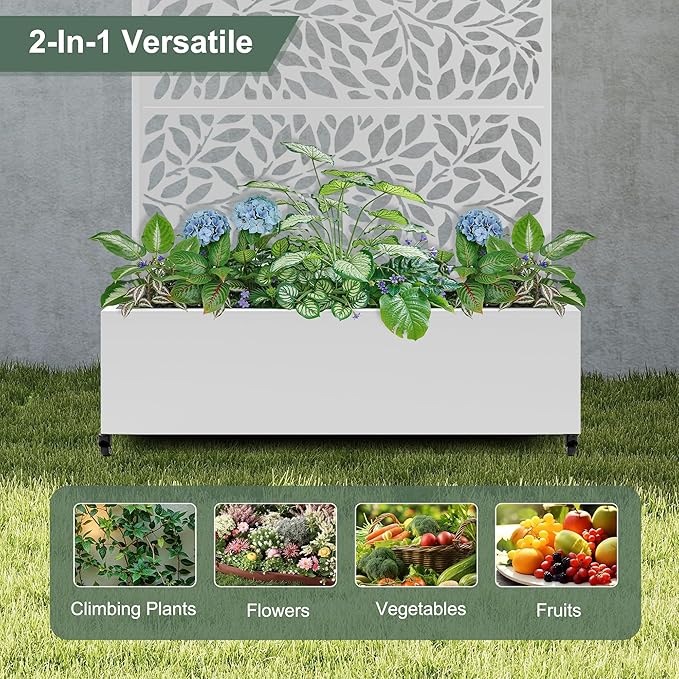 Metal Raised Garden Bed with Trellis Privacy Screen, Large Planters Box with Wheels & Drainage Holes for Climbing Plants (47" L×16" W×71" H, White Leaf)